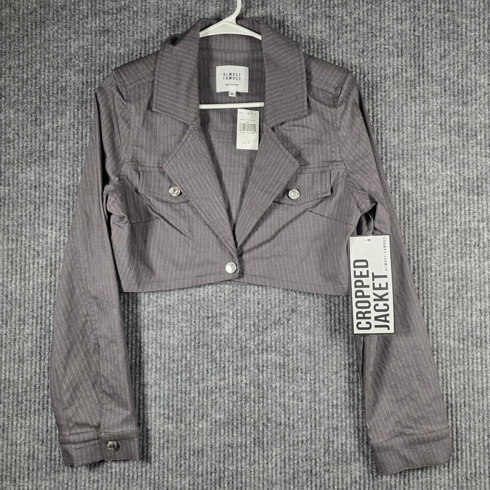 Almost Famous Cropped Jacket Womens M Gray Pinstripe NWT Trendy